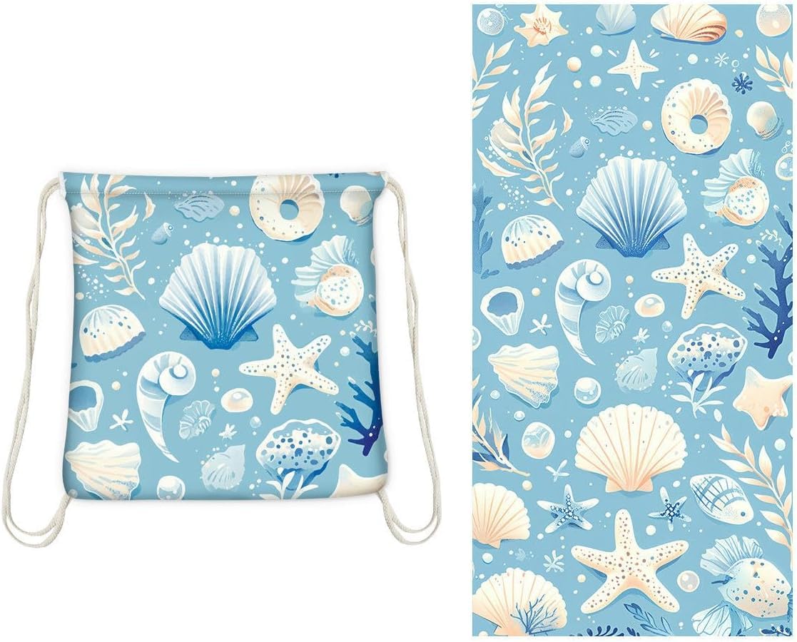 2-in-1 Multi-Purpose Beach Towel Backpack with Drawstring Quick Dry Microfiber Large Beach Towel for Kids Adults Lightweight Swim Towel for Camping Picnic (Sky Blue Seashell, 140 x 70 cm)-image-28