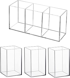 Chris.W 4 PCS Makeup Organizer Acrylic 3 Compartments, Clear Makeup Brush Holders, Pencil Organizer Holder for Countertop Desk Accessory Storage, Compartment Organizer Acrylic Cube Organizer