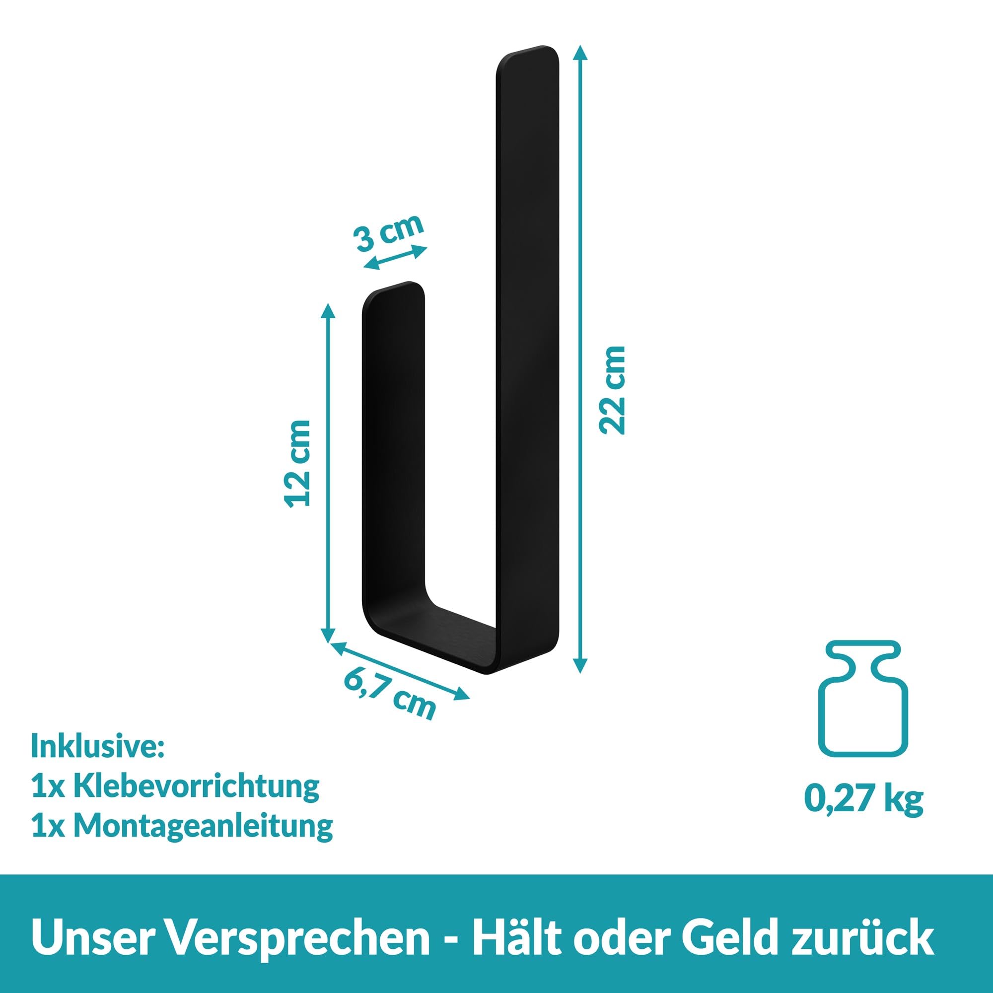 WEISSENSTEIN Toilettenpapier Aufbewahrung ohne Bohren - Toilettenpapierhalter Edelstahl für die Wand – Rollenhalter selbstklebend - schwarz