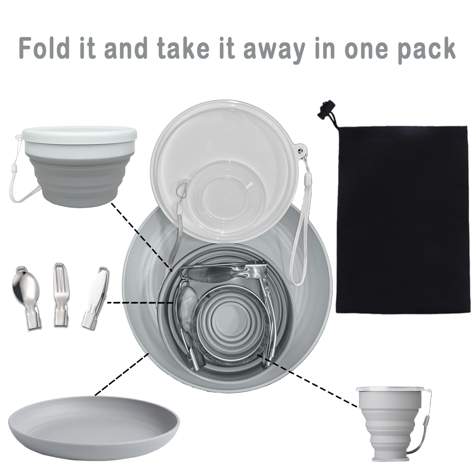 Set da campeggio pieghevole 6 in 1 – Contiene coltello, cucchiaio, forchetta acciaio inox, tazza, scodella, piatto e rete. Perfetto per viaggi, trekking, picnic e campeggio