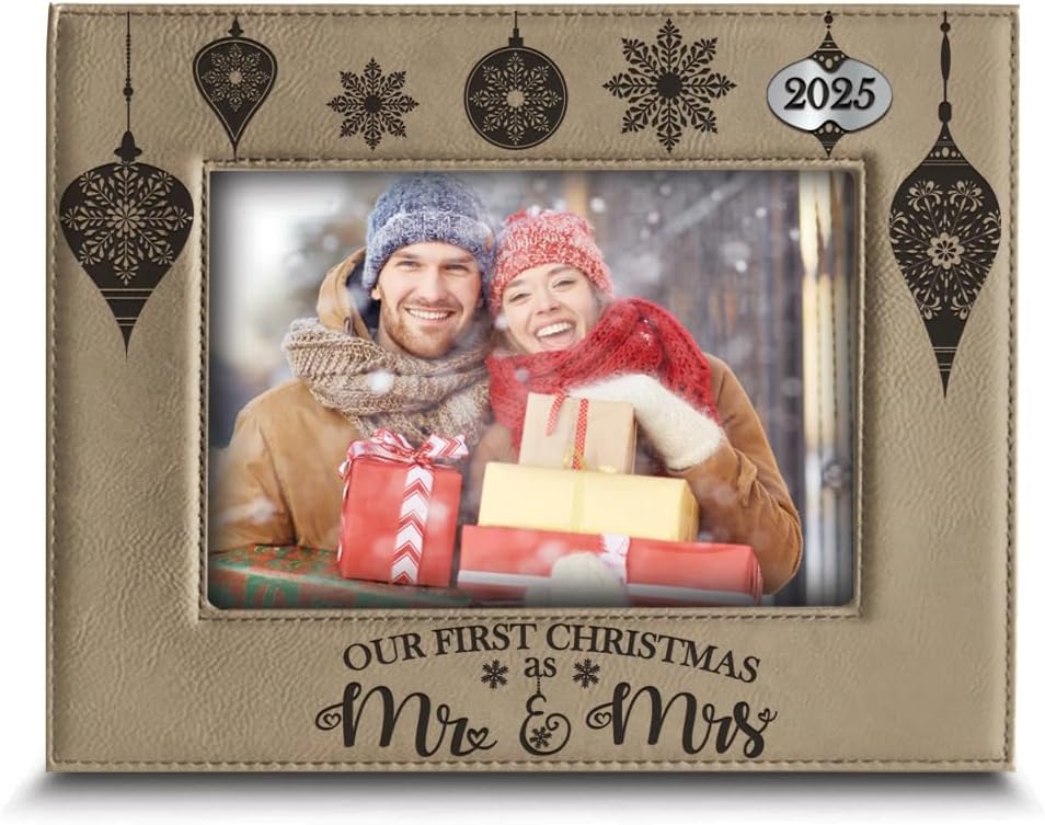 BELLA BUSTA - Our First Christmas as Mr. and Mrs - Engraved Leather Picture Frame - Christmas Keepsake for Newlywed Couple (4 x 6 Horizontal)