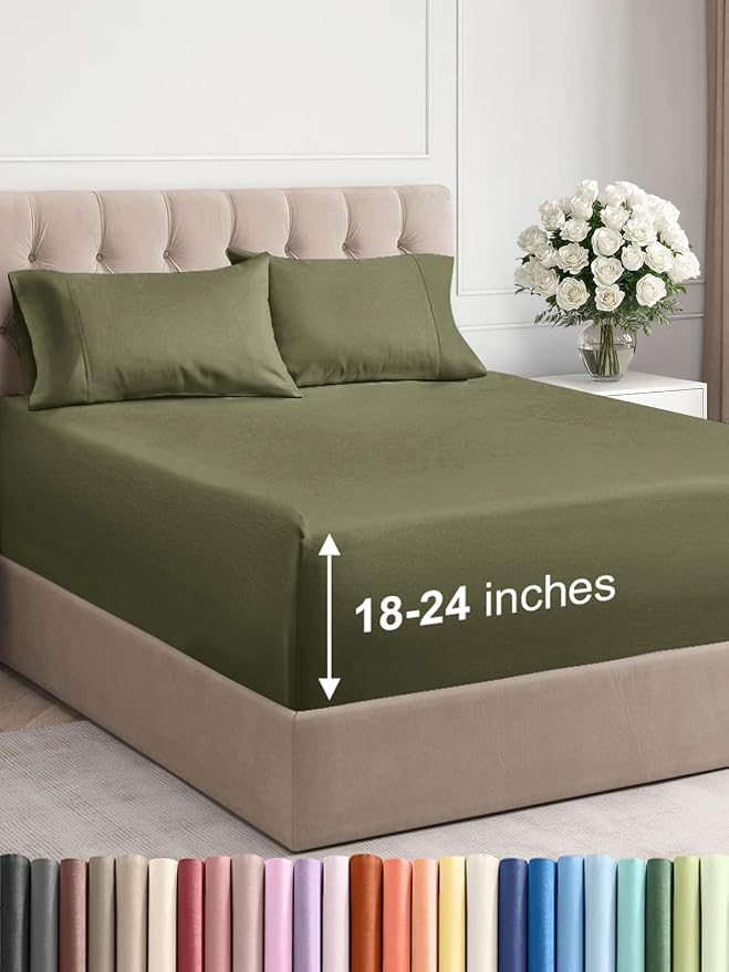 CGK Linens Extra Deep Pocket Queen Sheet Set - 4 Piece Breathable & Cooling Bed Sheets - Hotel Luxury Sheet Set - Super Soft, Wrinkle Free and Comfy - Fits Extra Deep Mattresses - Sage Green Sheets