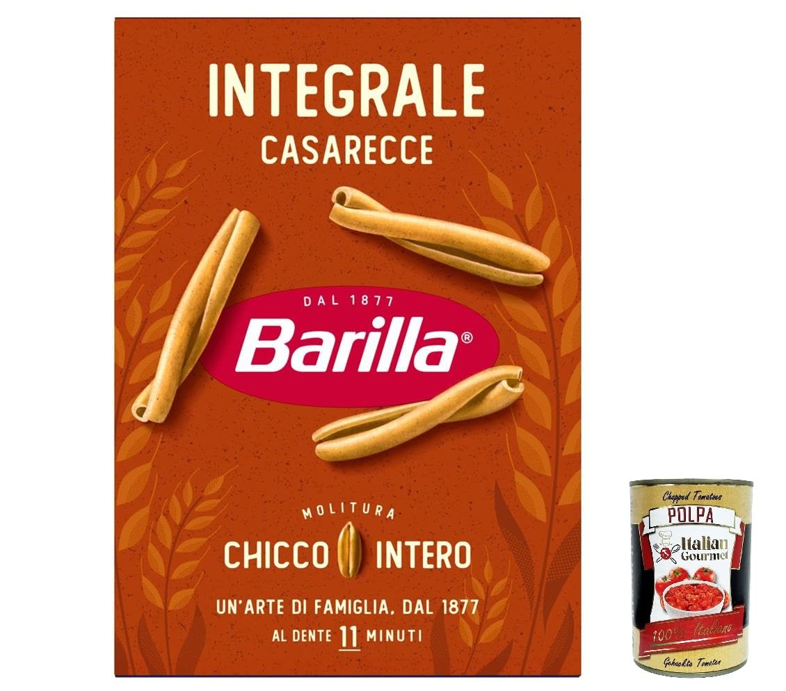 Italian Gourmet Integrale Casarecce pasta Vollkorn kurze Nudeln 30 x 500g | Da grano duro completo, ricca di fibre; bissfest in 11 Minuten, ideal für, Gesamtnettogewicht 15 kg + Kostenlos Polpa 400g