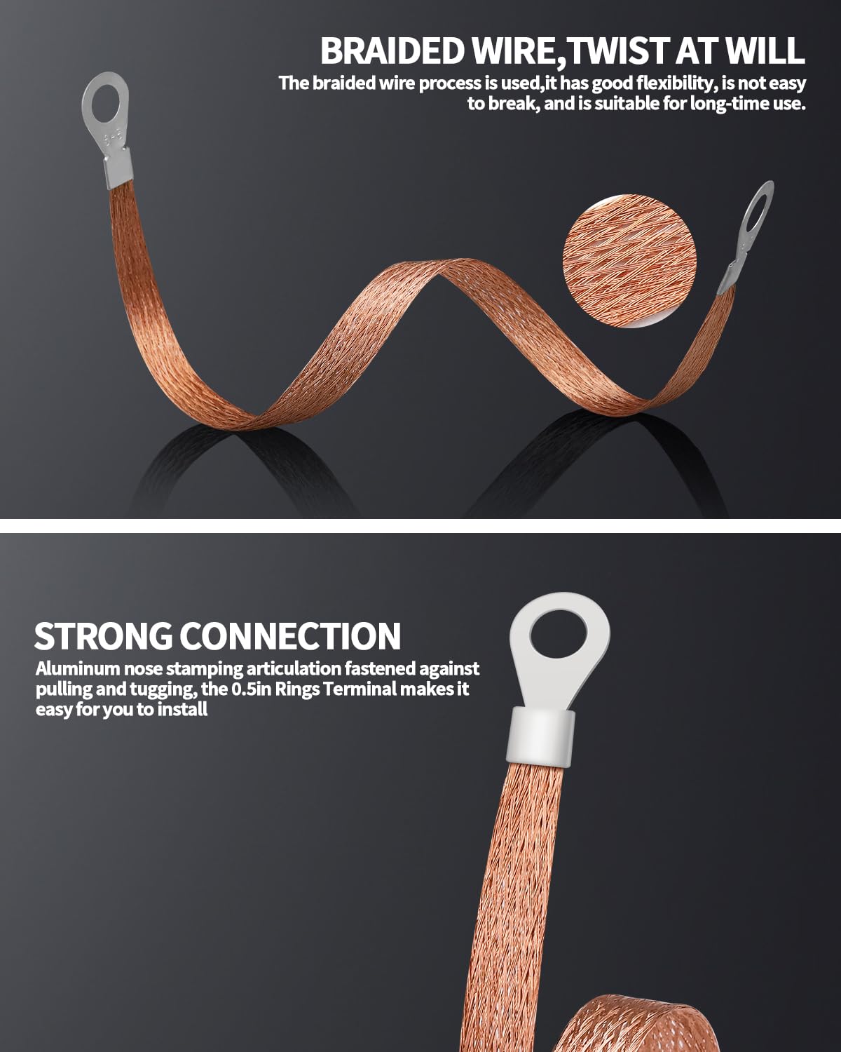 6-Pack Universal Engine Ground Straps – 12 Inch Braided Copper Ground Cable With Ring Terminals (Silver)