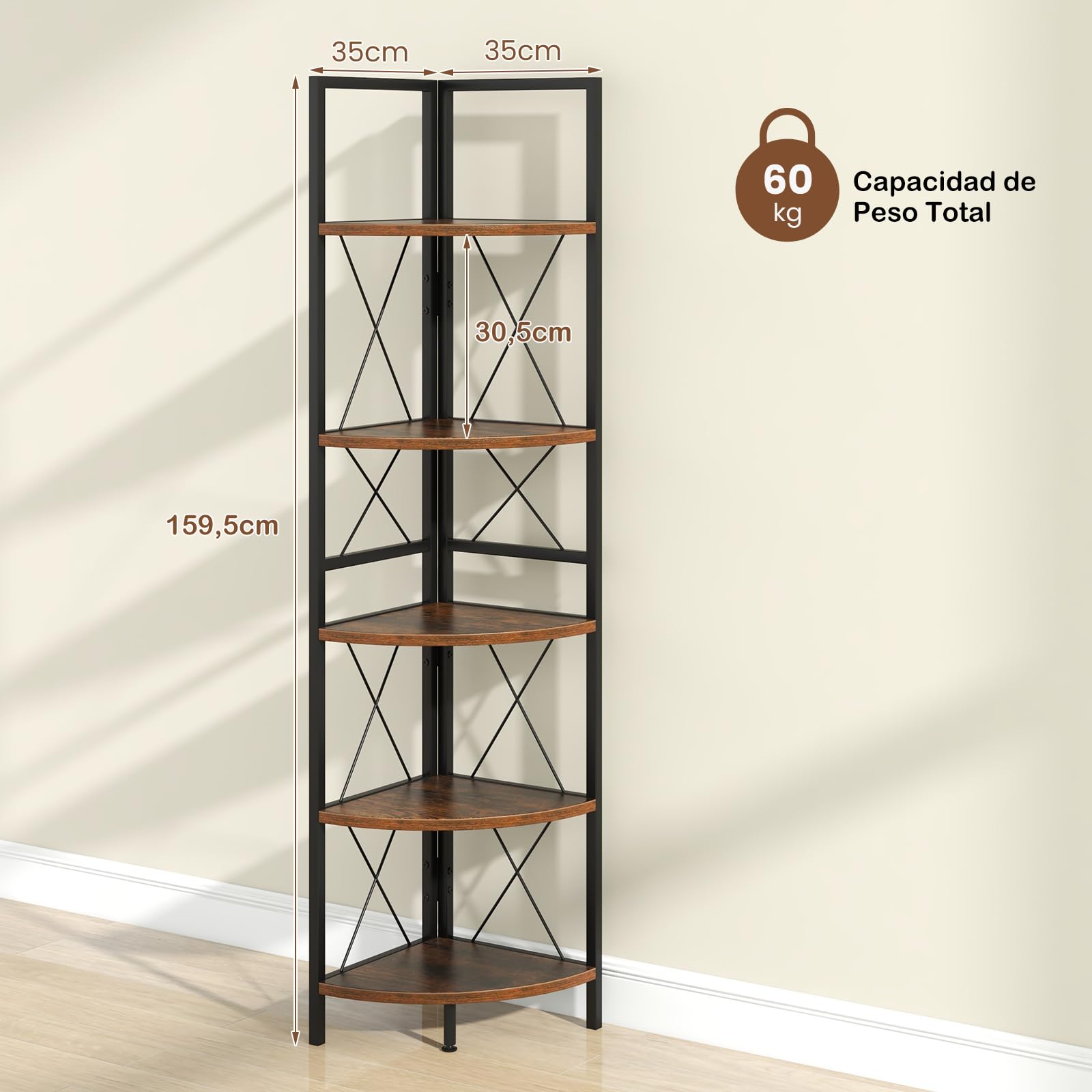 Giantex Estantería Esquinera de 5 Niveles, Librería de Madera y Metal, 35,5 x 35,5 x 159,5 cm, Estantería de Almacenamiento de Esquina para Salón, Dormitorio, Estudio (Marrón Rústico)