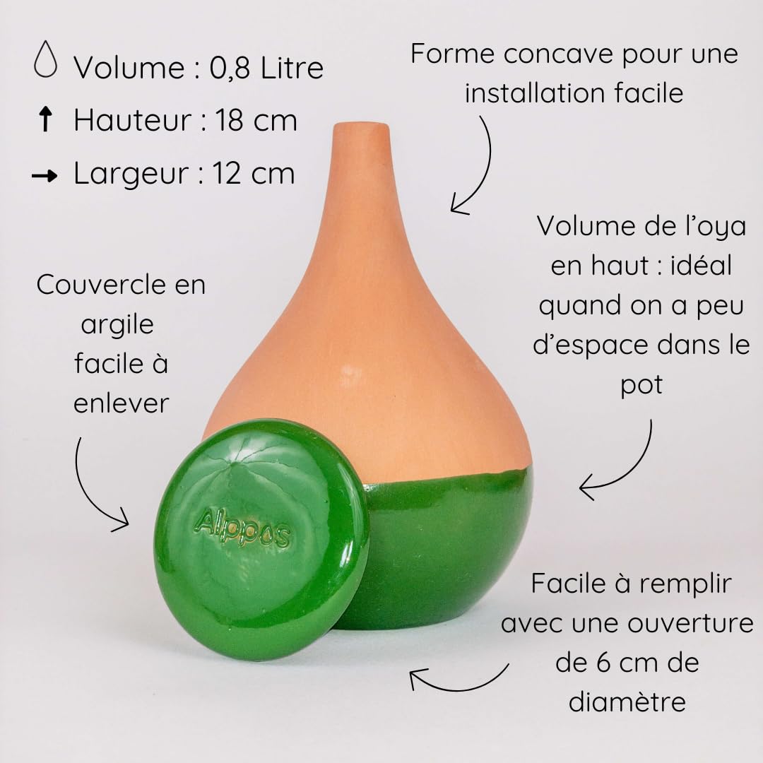 2 Oyas à Planter 0,8 Litre Vert en Terre Cuite avec Couvercle - ollas pour Plante intérieure et extérieure - Goutte à Goutte par capilarité