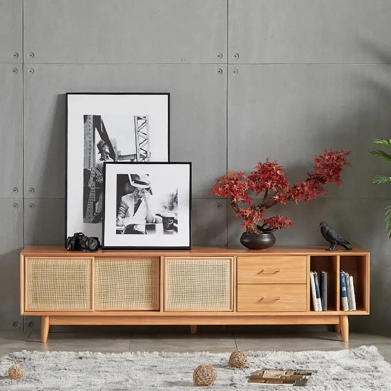 NG Decor Nordic TV Stand Natural Media Console with Doors & Drawers & Shelf Rattan Woven in Small-image-41