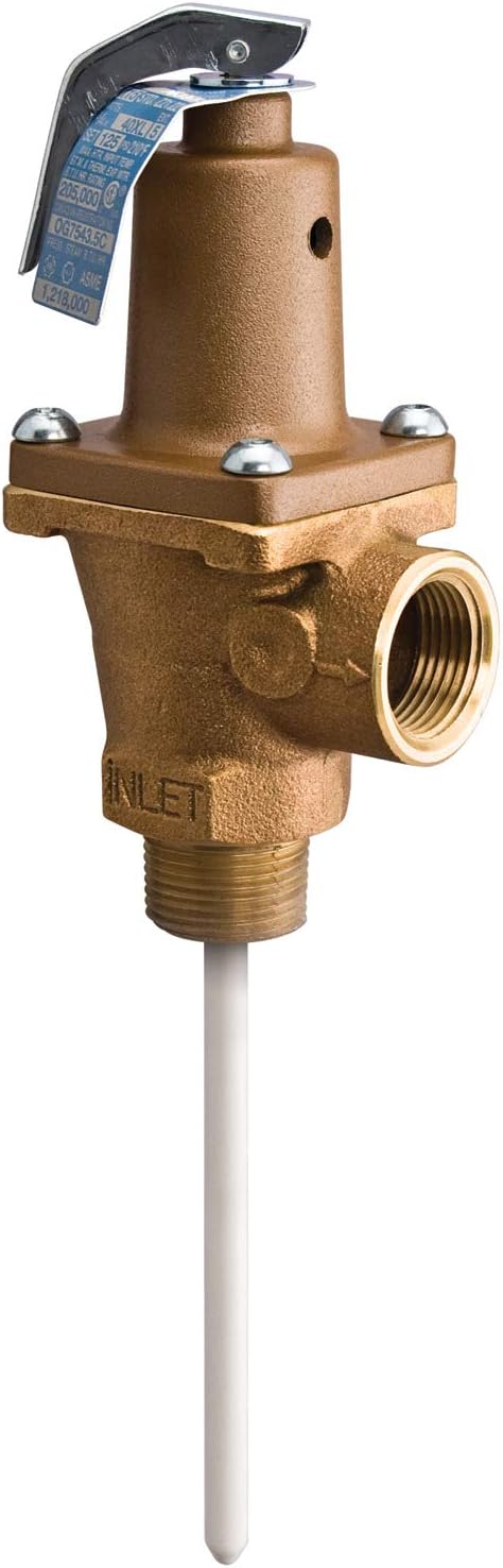 Watts 1" Lead-Free Brass Automatic Reseating Temperature and Pressure Relief Valve, NPT Male Inlet x NPT Female Outlet Connections, 5" Extension Thermostat, Tamper-Resistant Bonnet Screws