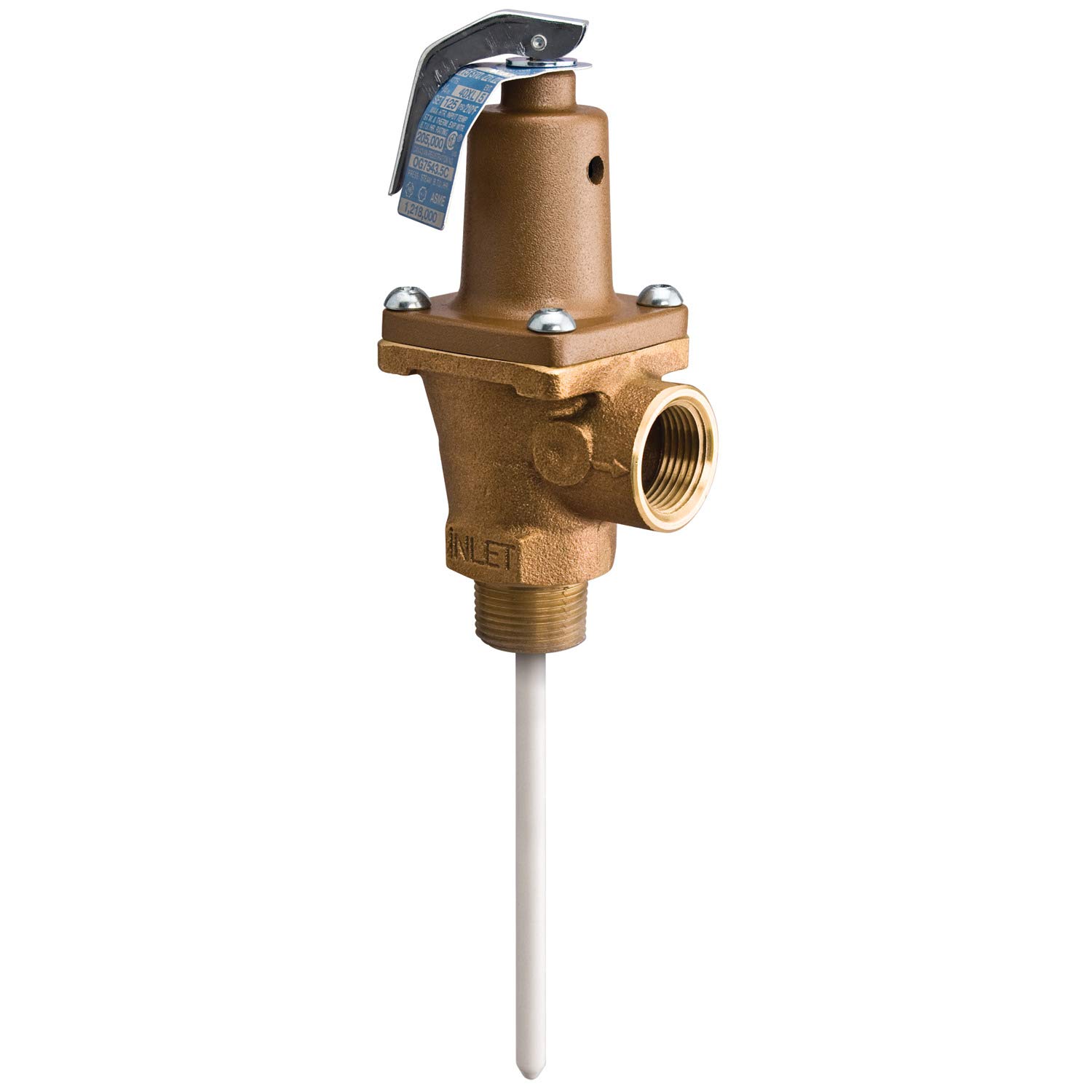 Watts 1" Lead-Free Brass Automatic Reseating Temperature and Pressure Relief Valve, NPT Male Inlet x NPT Female Outlet Connections, 5" Extension Thermostat, Tamper-Resistant Bonnet Screws