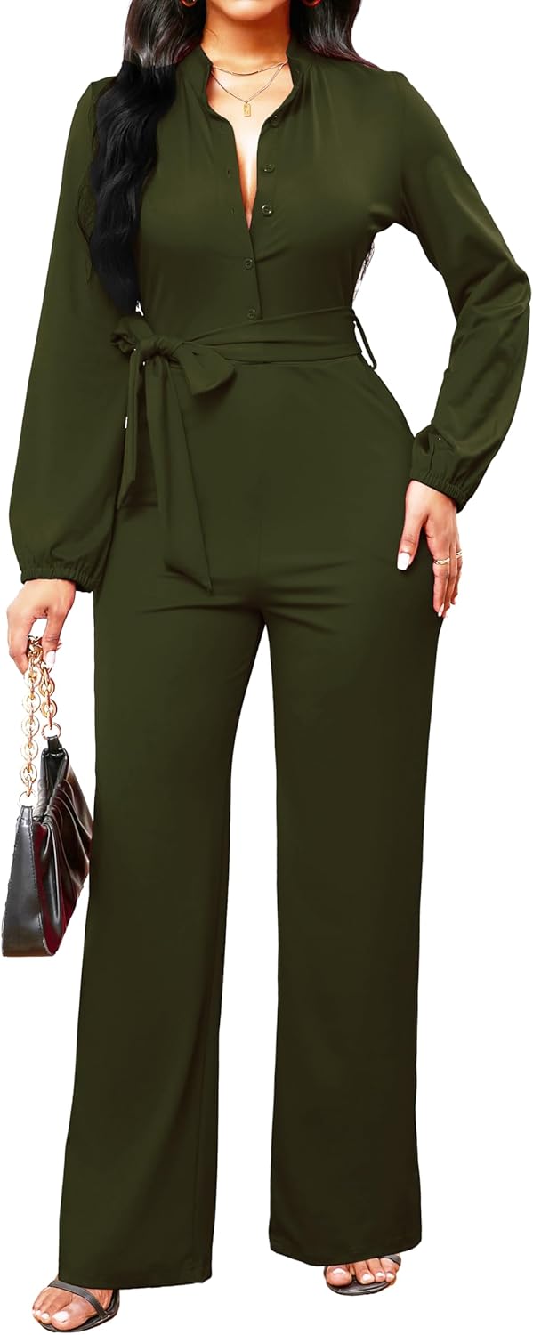 SxClub Jumpsuits for Women Formal Sexy Elegant Long Straight Pants Busineess Party Jumpsuit with Belt Pockets - Image 4