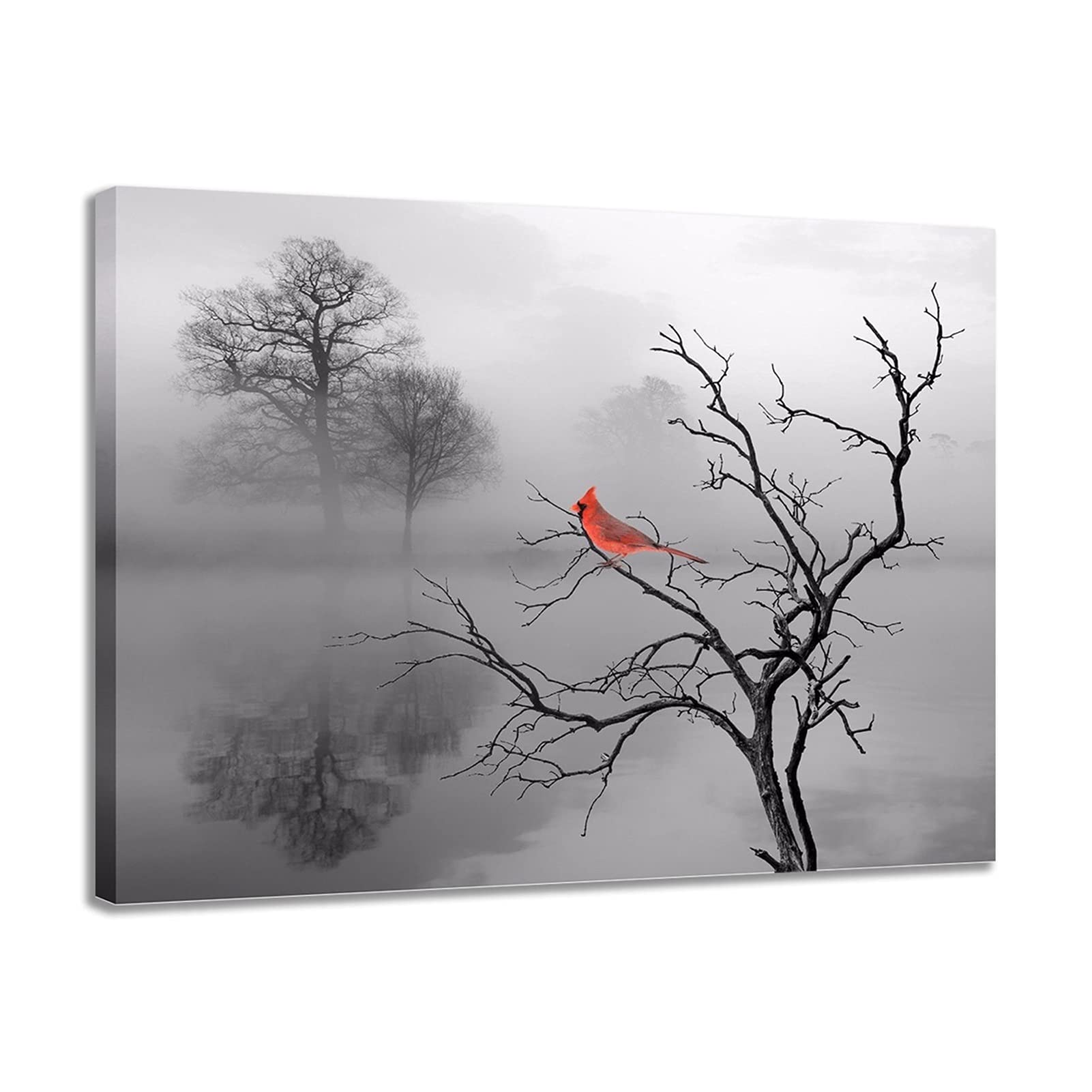 Toile arbre rouge oiseau abstrait pour decoration salon moderne encadre 30x45cm
