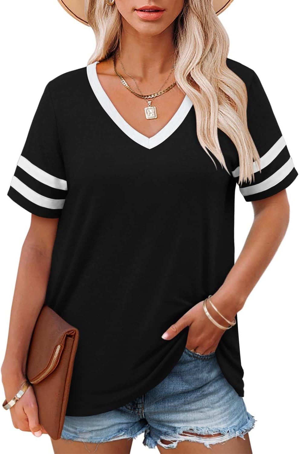 Angerella Casual Summer Tops for Women V Neck T Shirts Short Sleeve Tunic Tops Loose Fit