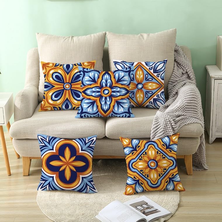 Taie d'oreiller carré motif rétro géométrique CEVAN en polyester résistant - 7