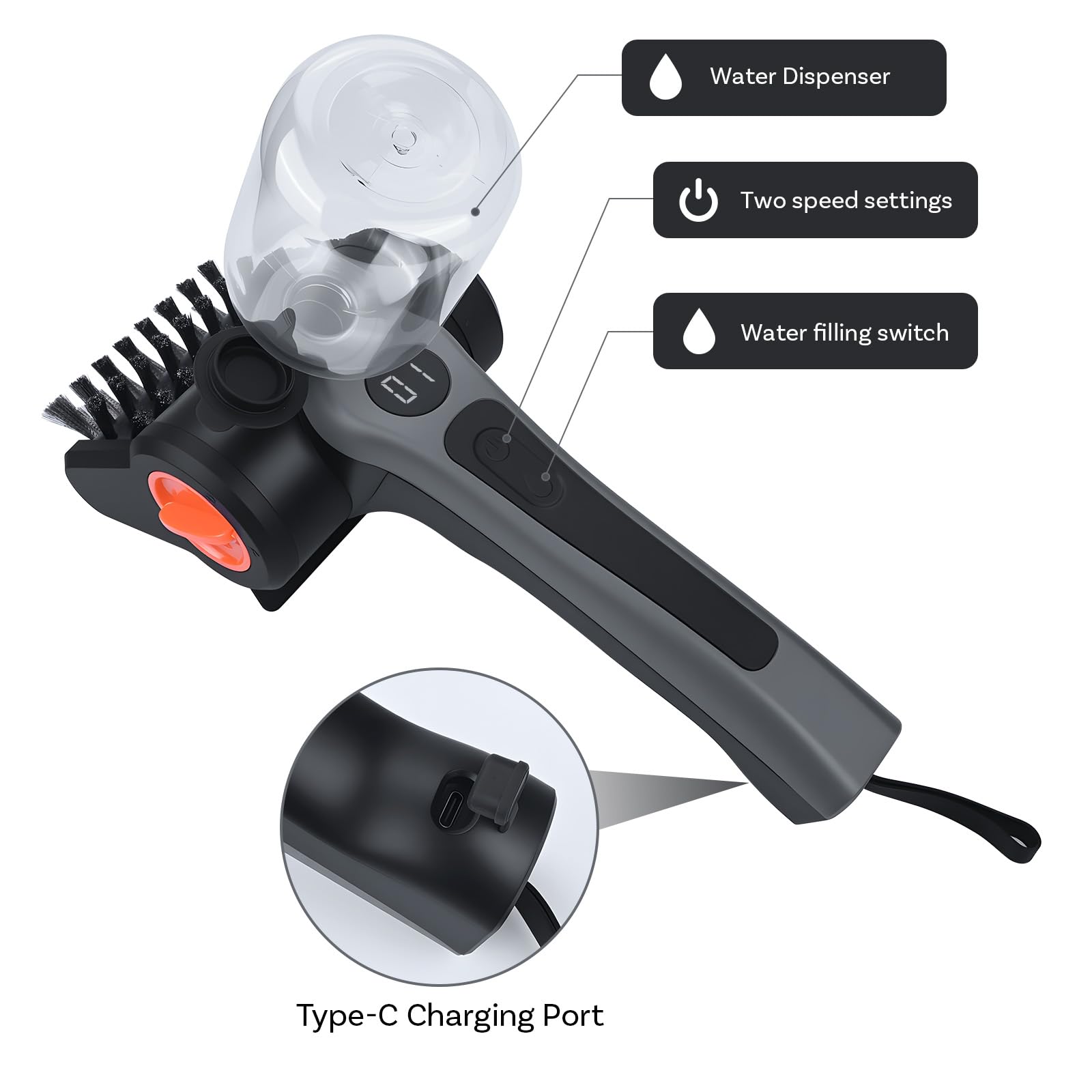 Elektryczna Szczotka do Grilla z Zbiornikiem Wody 300ml firmy MMOBIEL – Bezprzewodowy Środek do Czyszczenia BBQ z 2 Prędkości, Silnik 100W, Ładowanie USB-C, Ergonomiczny Uchwyt, Etui i Rękawice