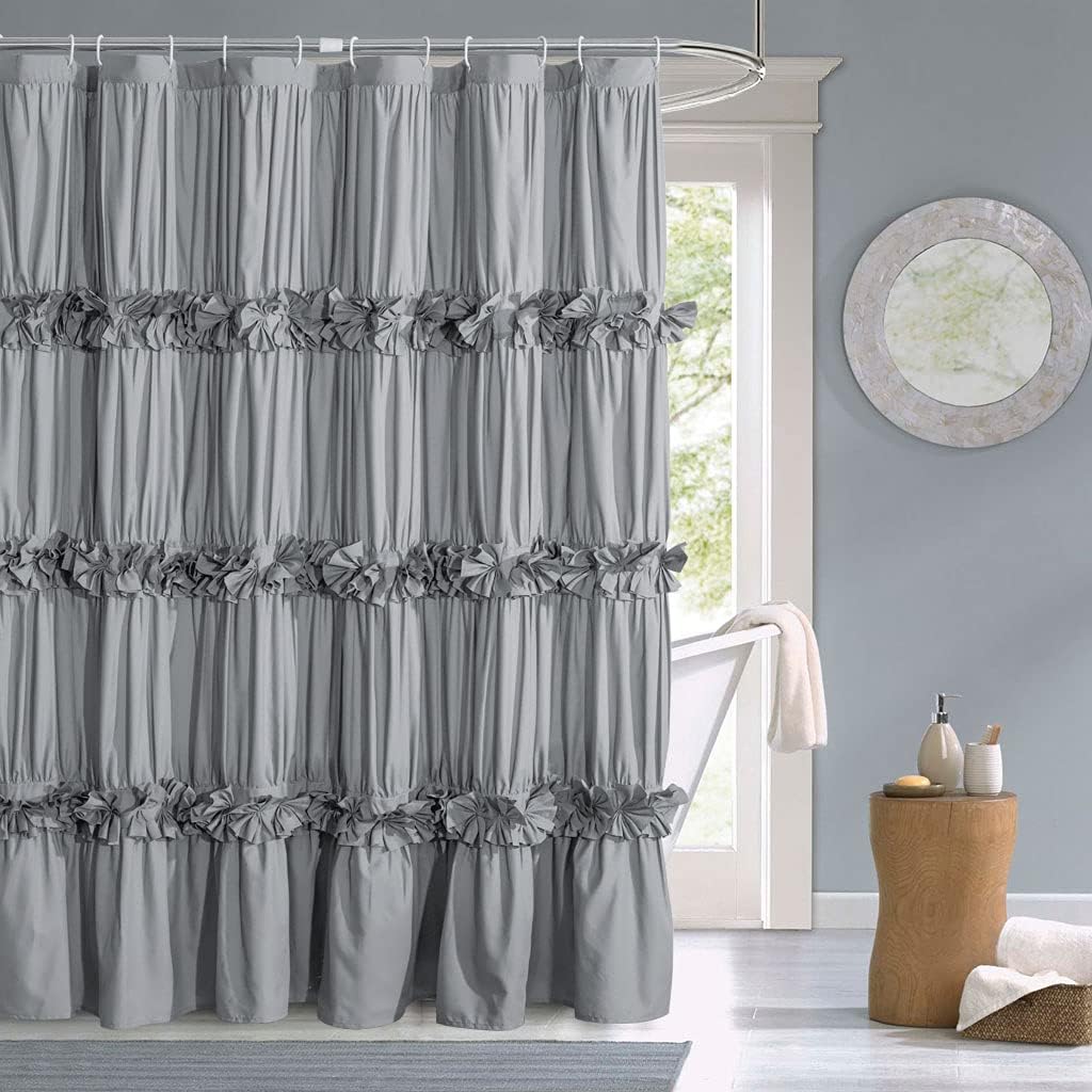HIG Ruffled Farmhouse Shower Curtain, Gray Frilly Feminine