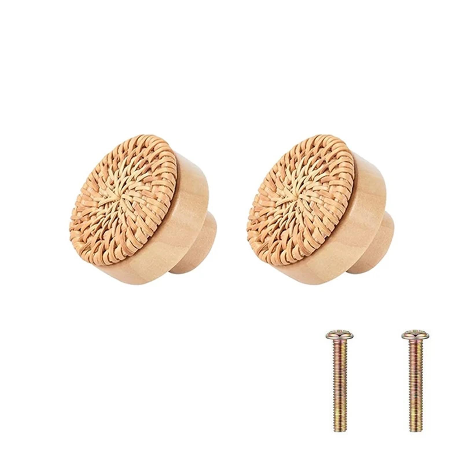UBOHUZ 2PCS Wooden Rattan Dresser Knobs Kit Round Decorative Furniture Pull Handles Multipurpose Woven Drawer Pulls for Bedside Tables for Cupboard, Wardrobe(Yellow 2Pieces)