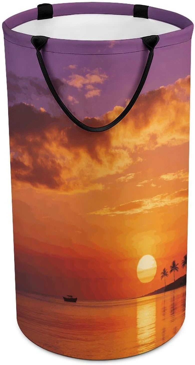 Boat Returning Under Coconut Trees Laundry Hamper 86L Waterproof Collapsible Clothes Basket with Double Handles Freestanding Foldable Laundry Basket Large Clothes Hamper for Bathroom