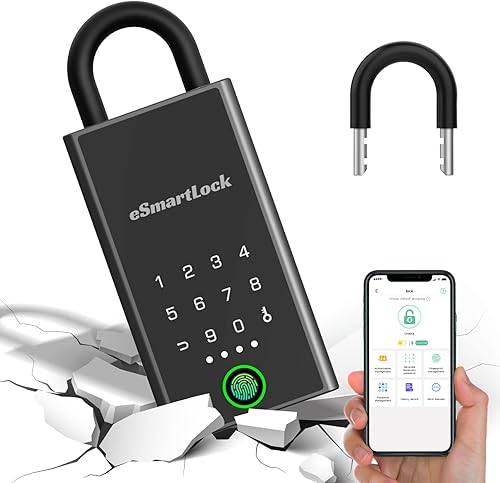 Eseesmart Caja de bloqueo inteligente con llave, control de aplicación, desbloqueo de huellas dactilares y código de acceso, caja de bloqueo digital