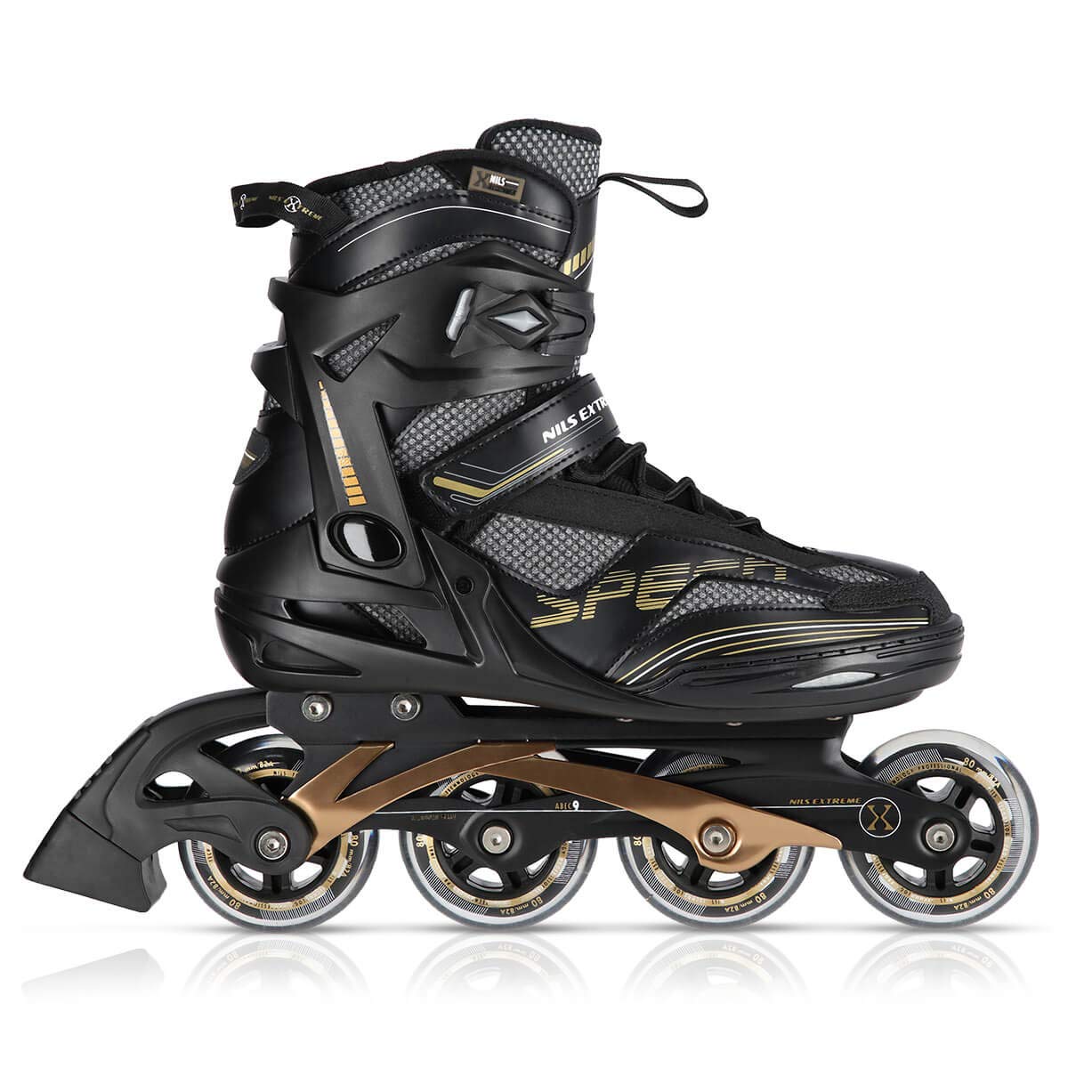 Nils Extreme Inliner für Herren und Damen - Inline Skates - ABEC9 Chrome Kugellager – Rollerblades Erwachsene - 82A Rollen - Rollerskates 43 - Schwarz und Gold - NA2150