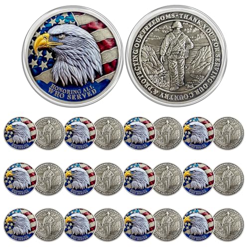 CHURYUML 24Pcs Military Veterans Challenge Coins Bulk - Honoring All Who Served - Thank You for Your Service Coin Military Commemorative Gifts for Men Women Navy Army Thanksgiving Veterans Day Gifts