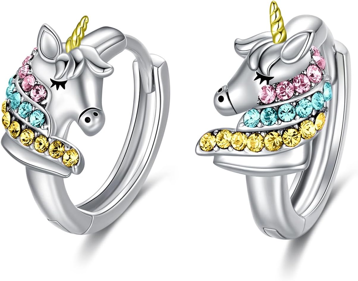 AOBOCO 925 Sterling Silver Unicorn Hoop Earrings with Pink Crystals, Unicorn Jewelry Birthday Gifts for Women Her