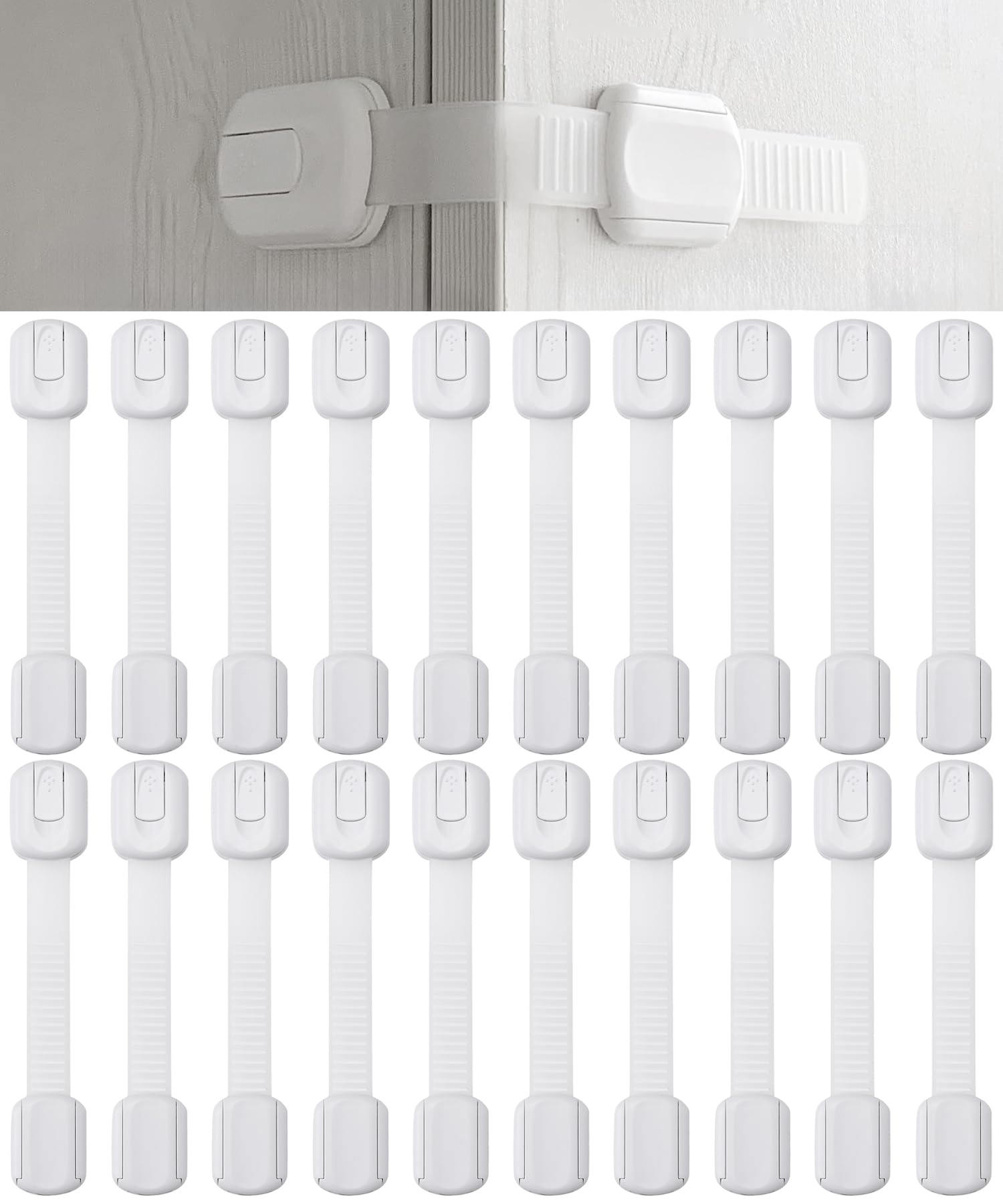 Bates- Child Safety Strap Locks, 20 Pack, White, Baby Cabinet Locks with Adjustable Strap Length