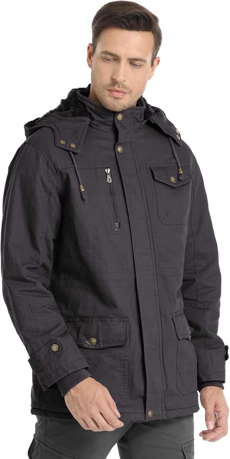 LEPOAR Men's Winter Jacket Military Jacket Fleece Lined Warm Cargo Jackets Removable Hood Cotton Work Coat - Image 3