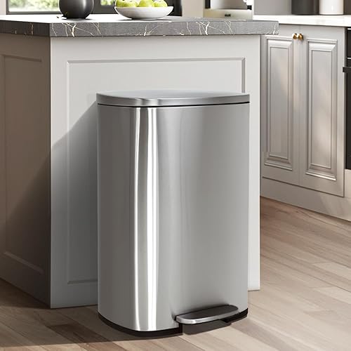Basurero de cocina con tapa, cubo de basura de 13 galones con pedal de pie y cubo interior extraíble, cubo de basura de acero inoxidable manos