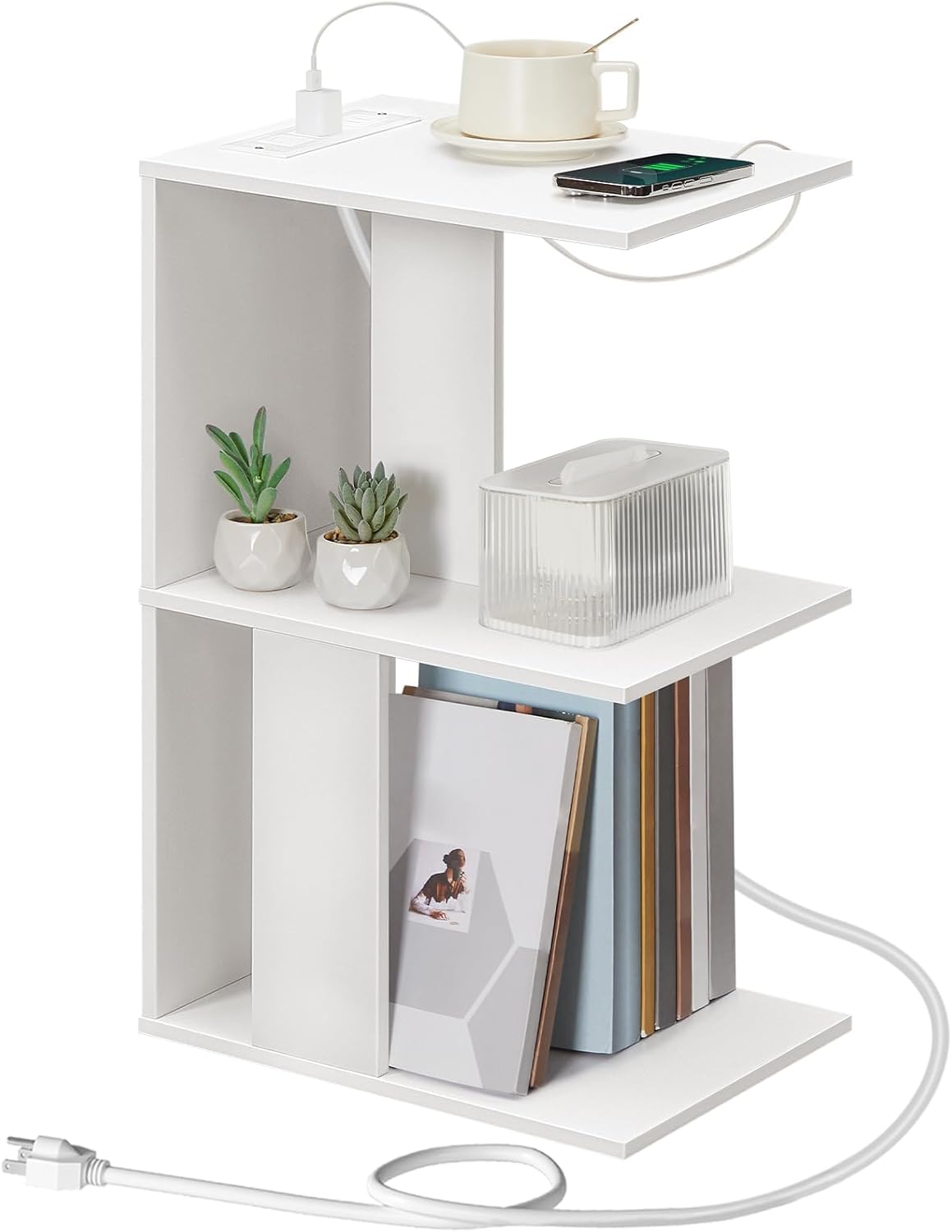 Modern End Table with Charging Station, Narrow Nightstand for Small Spaces, Narrow Bedside Tables with Storage Shelves, Wooden Small Nightstand with Light for Living Room, White ETWT18E01Z