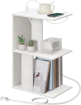 MAHANCRIS End Table with Charging Station, C-Shaped Narrow Side Table, White Nightstand with Storage, Narrow Bedside Table for Small Spaces, End Tables Living Room, Bedroom, Easy Assembly, ETWT18E01Z