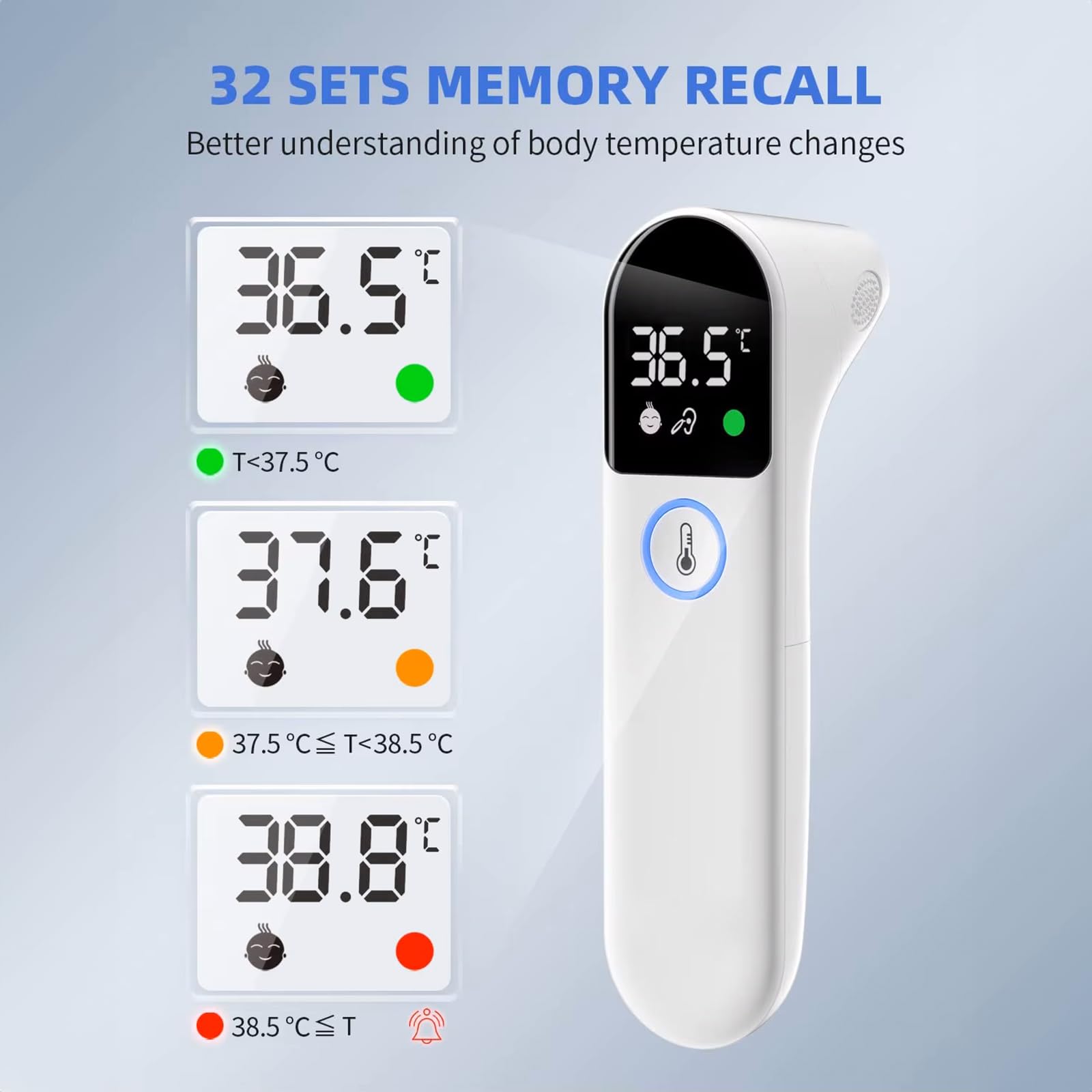 Thermomètre Frontal et Auriculaire Bebe et Adultes - Alerte Fièvre - Mesure Température Nourriture - Haute Précision - Écran LCD - Certifié CE et ISO13485 - Mémoire 32 dernières Mesures