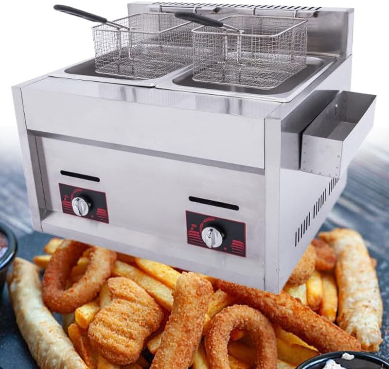 TPTAWF Freidora Profesional Comercial, freidora de GLP de Acero Inoxidable de sobremesa, Potencia de Fuego Ajustable, Gran Capacidad, para Pescado