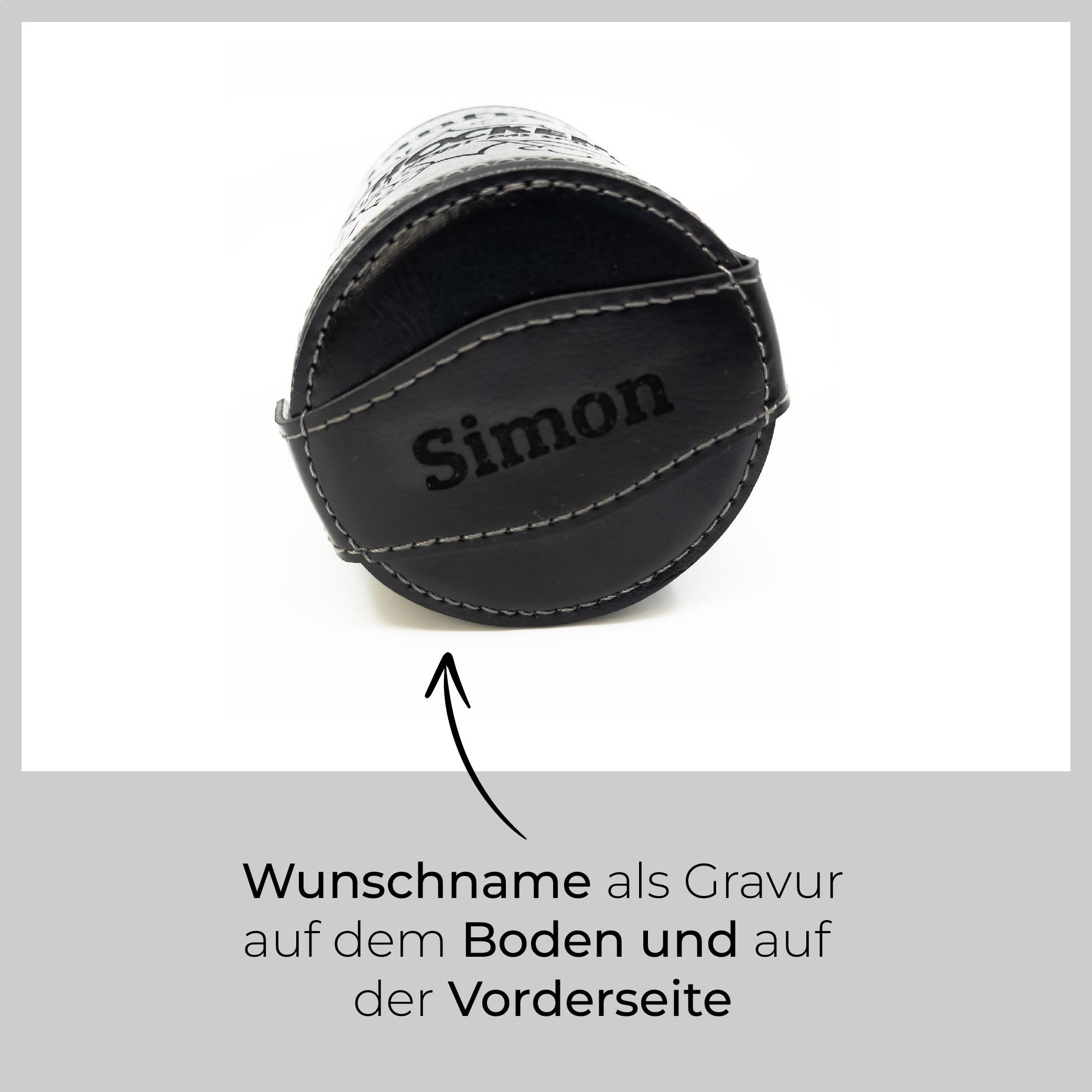 Schwarzer Würfelbecher Leder mit Gravur | Personalisiert mit Motiv & Name | Individuelles Knobelbecher Set mit Würfelfach & Würfeln