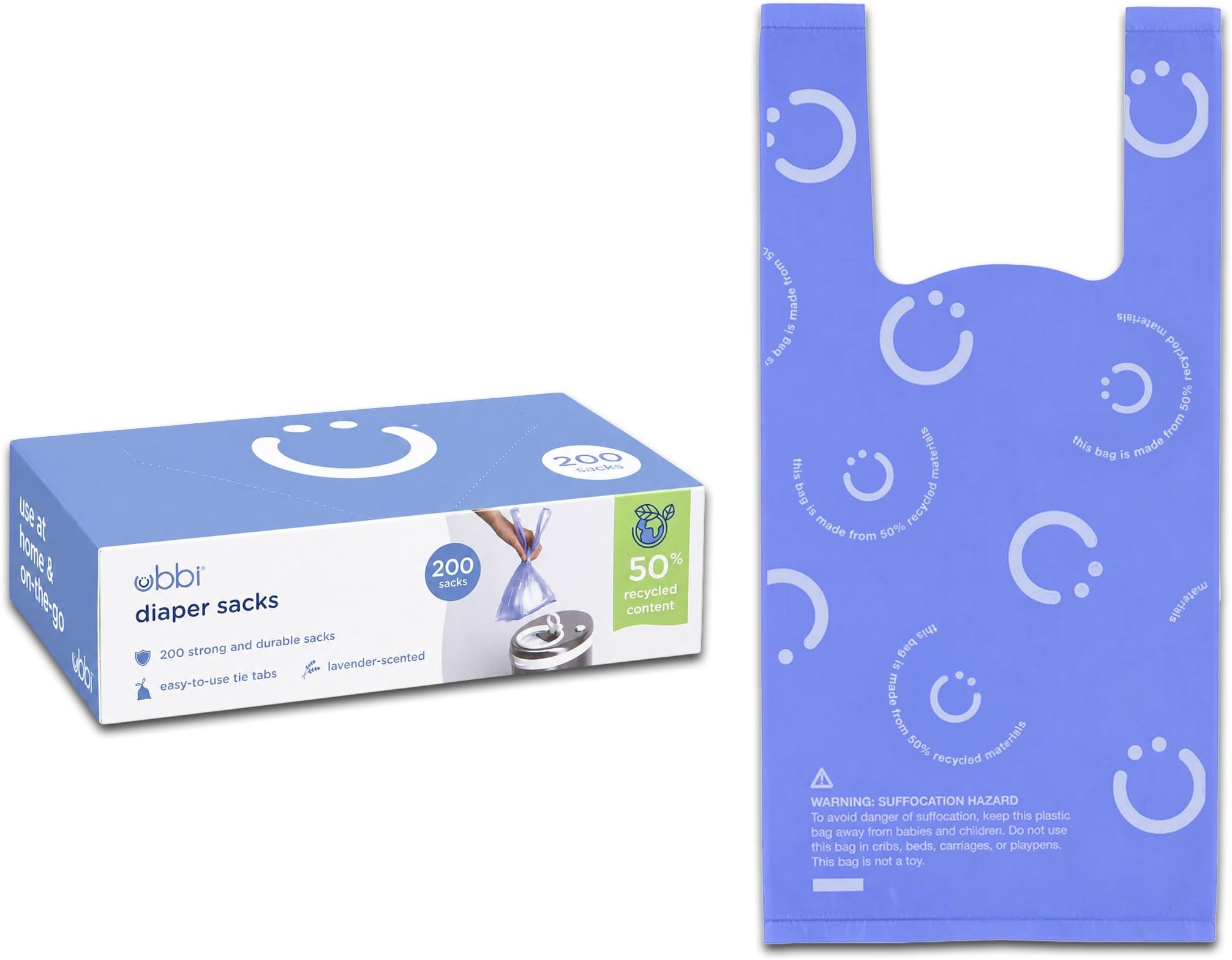 Ubbi Disposable Diaper Sacks, Lavender Scented, Easy-To-Tie Tabs, Diaper Disposal or Pet Waste Bags, 200 Count