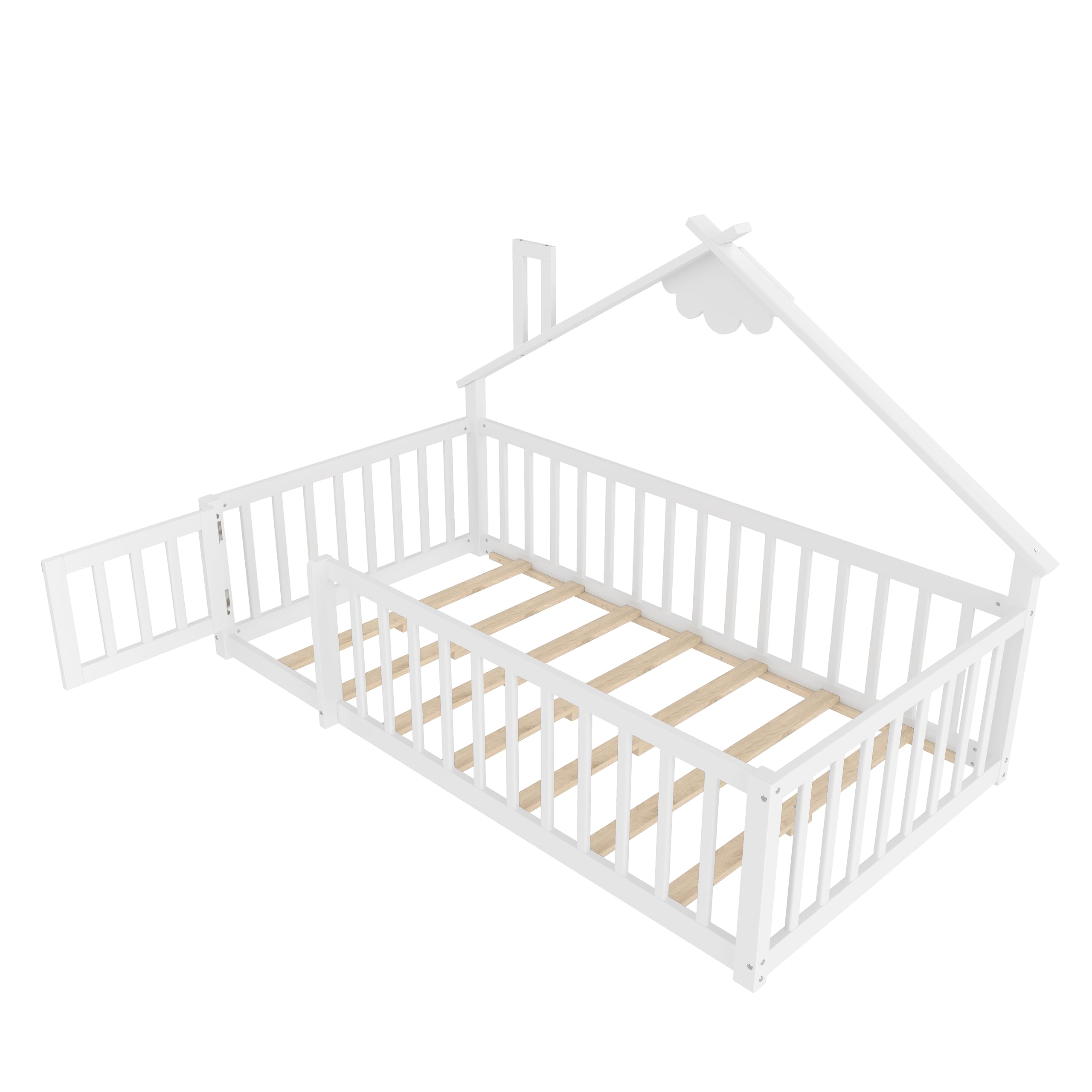 Cama de suelo de 90 x 190 cm con protección anticaída y puerta con cerradura, estructura de cama infantil, cama de madera de pino con somier, cama de madera, sin colchón