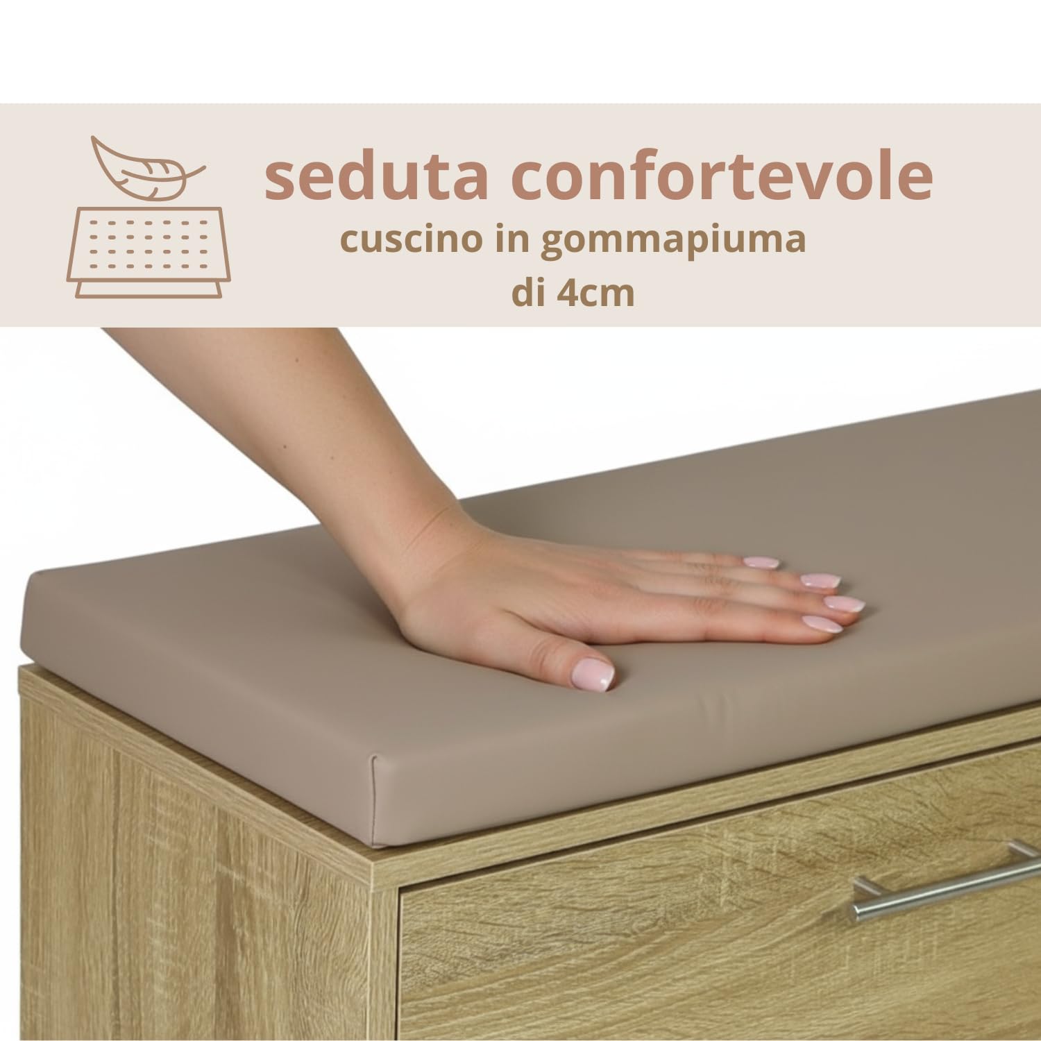 Marvin Scarpiera Panca da Ingresso con Anta – Portascarpe Salvaspazio in Legno con Cuscino Seduta e Anta a Ribalta per Cabina Armadio Corridoio o Camera Design 100x30x46 cm (Rovere/Cuscino Tortora)