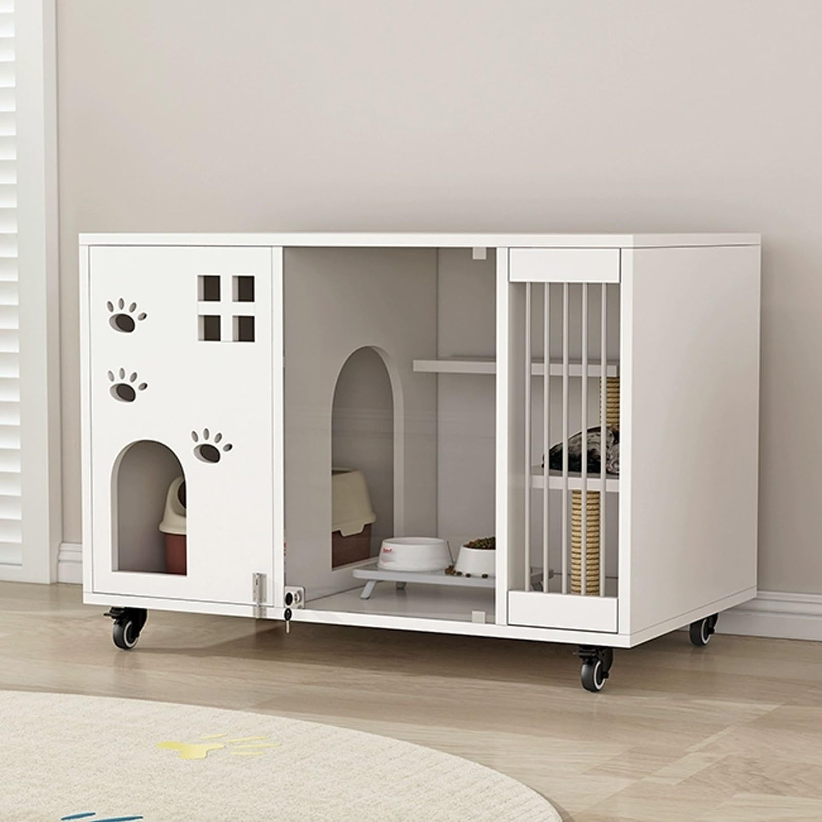 Enclos intérieur for chat : maison en bois blanche avec roulettes et portes vitrées à niveaux