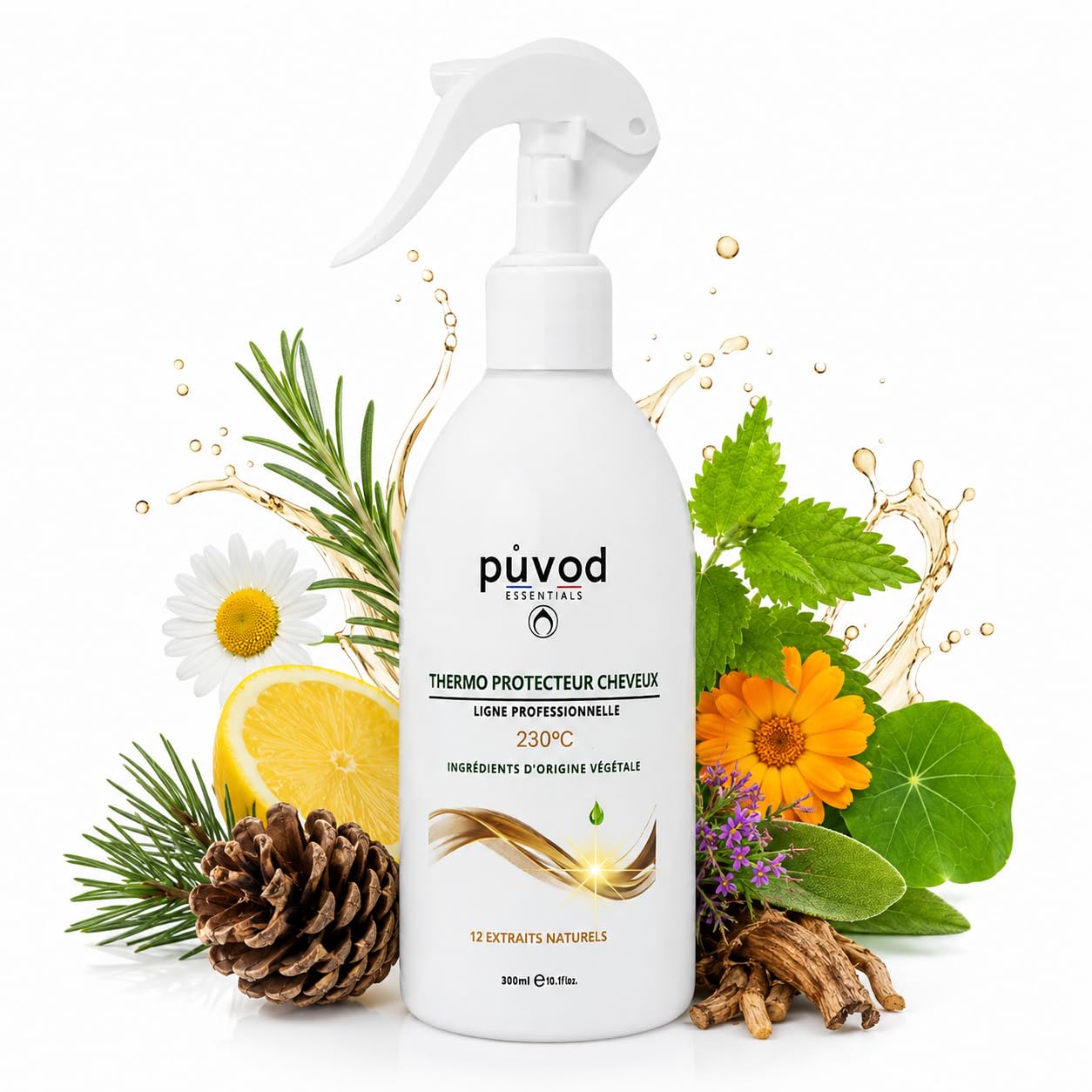 PUVOD Spray Thermo Protecteur Cheveux 300ml – Protection Chaleur 230°C – Réduit 82% Casse – Anti Frisottis Anti Humidité – Protection UV Sans Sulfate Sans Parabène – Soin Sans Rinçage Brushing Expert.