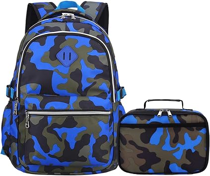 Camo Backpack Set with Lunch Bag Lightweight Waterproof School Backpack Bookbag for Boys Girls B-Style Camo Blue