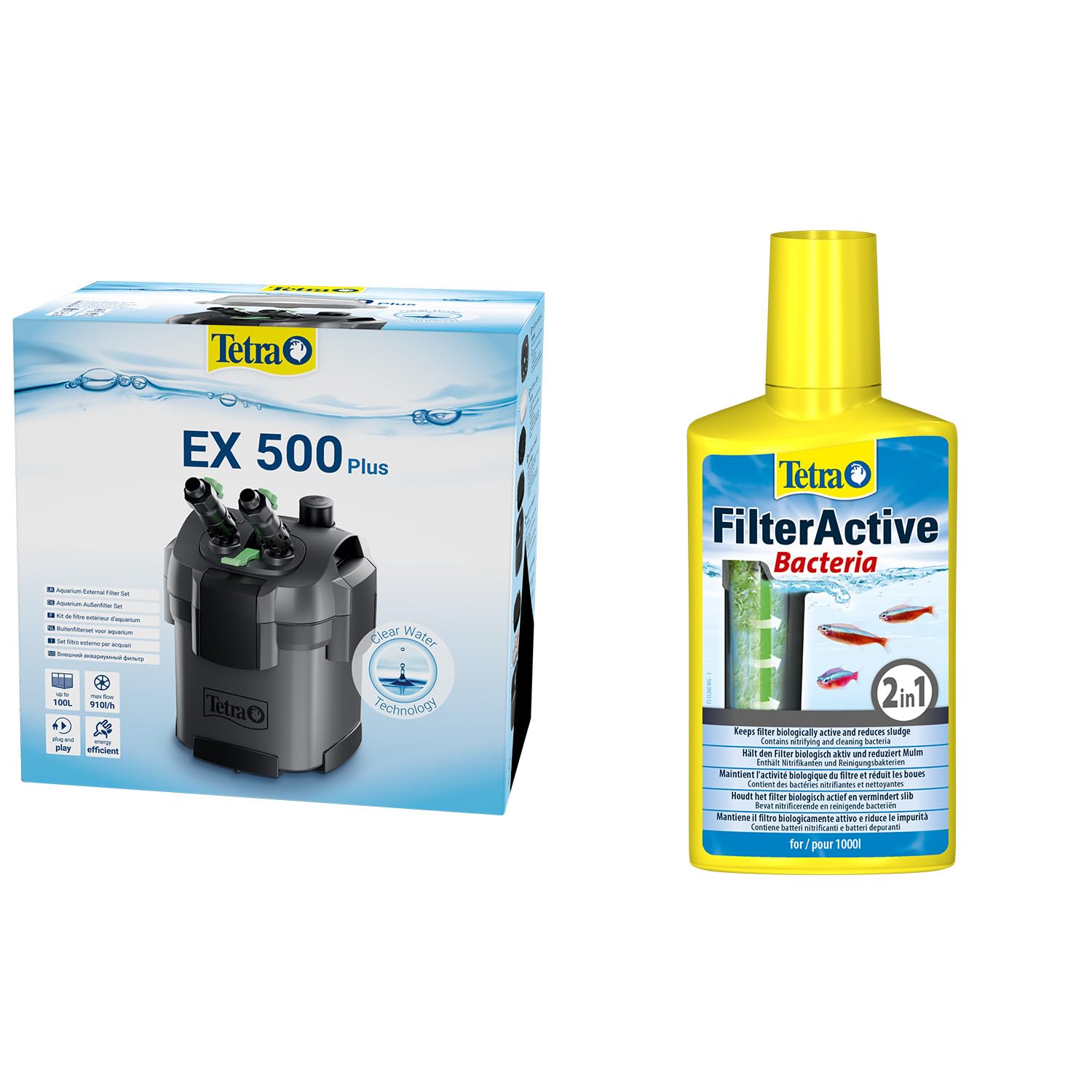 Tetra Aquarium Außenfilter EX 500 Plus - leistungsstarker Filter für Aquarien bis 100 L + Tetra FilterActive Bacteria, 250 ml