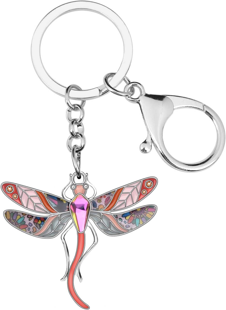 BONSNY Enamel Alloy Rhinestone Floral Dragonfly Keychains Gifts for Women Key Car Purse Bags Charms Nature Design