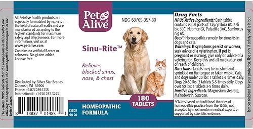 Miniatura 9 de PetAlive Sinu-Rite - Alivio de la congestión nasal para gatos y perros, tabletas homeopáticas, apoya el alivio temporal de la congestión sinusal,
