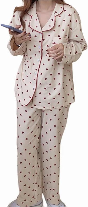 codcm Womens Cotton Flannel Pajama Set Cute Heart Pjs Long Sleeve Button Down Shirt and Long Pants Warm Sleepwear