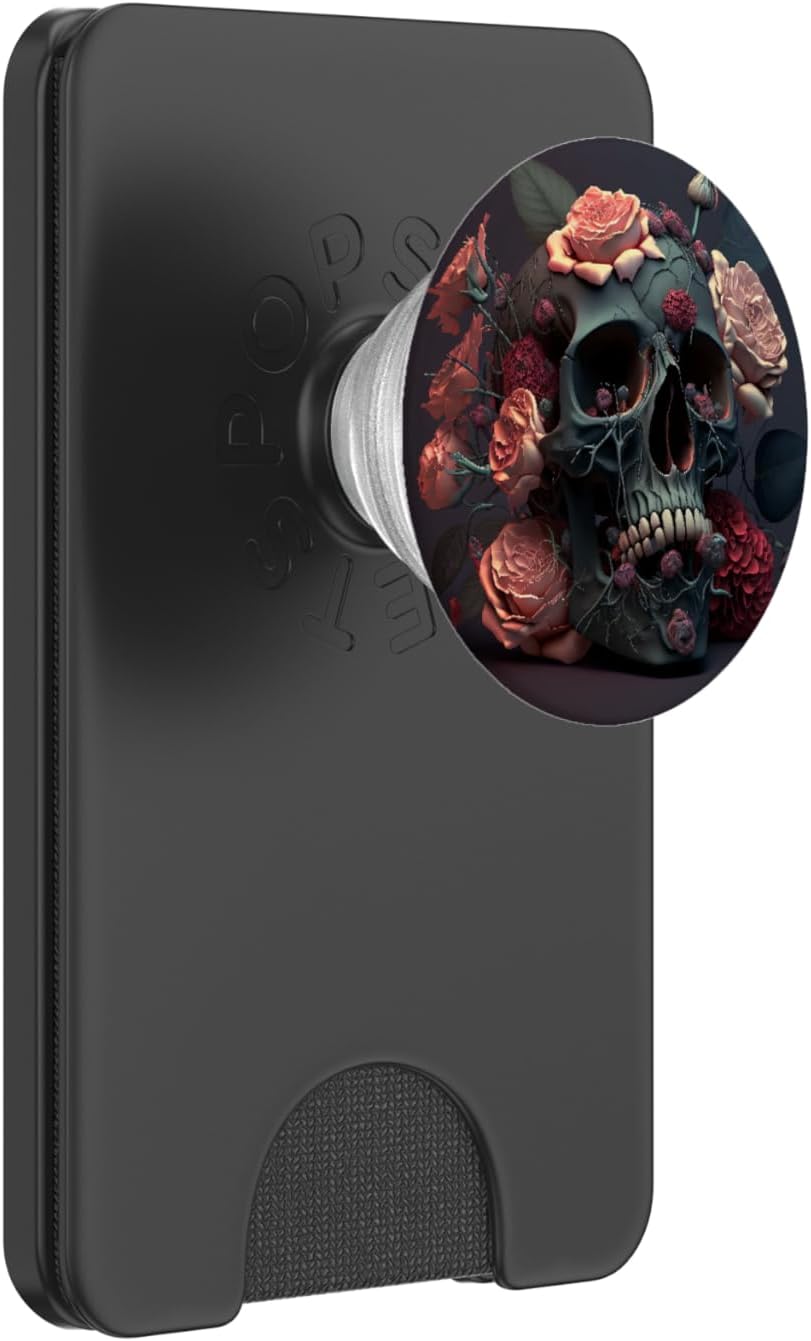 Skull and Roses Floral Black Dark Goth Horror Skull PopSockets PopWallet for MagSafe
