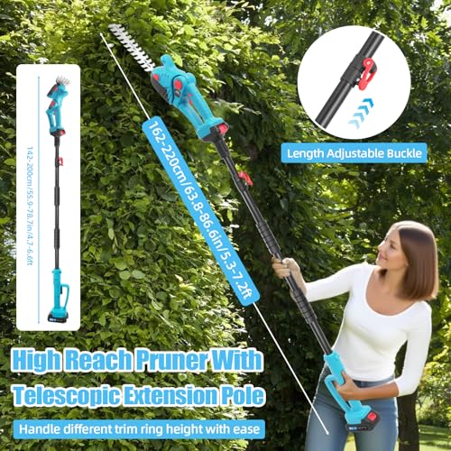 Cordless Hedge Trimmer Long Reach 2.2m Telescopic Pole, Hedge Trimmer Cordless 21V with 2X Batteries & Fast Charger, 90° Adjustable Head, 2-in-1 with Grass Shear Blade, Lightweight for Gardeners - Image 5