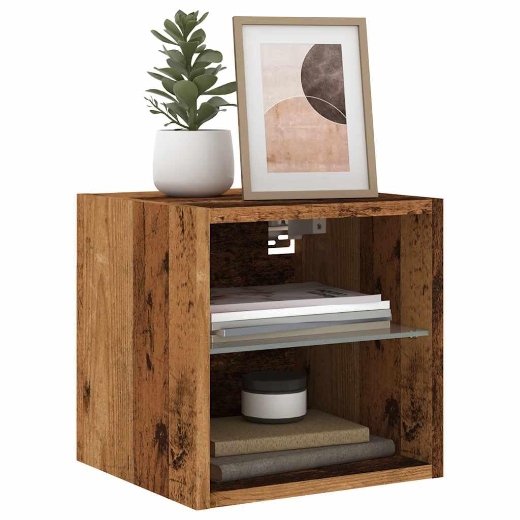 Meuble TV mural vieux bois et LED RVB, étagère en verre design salon 30 cm