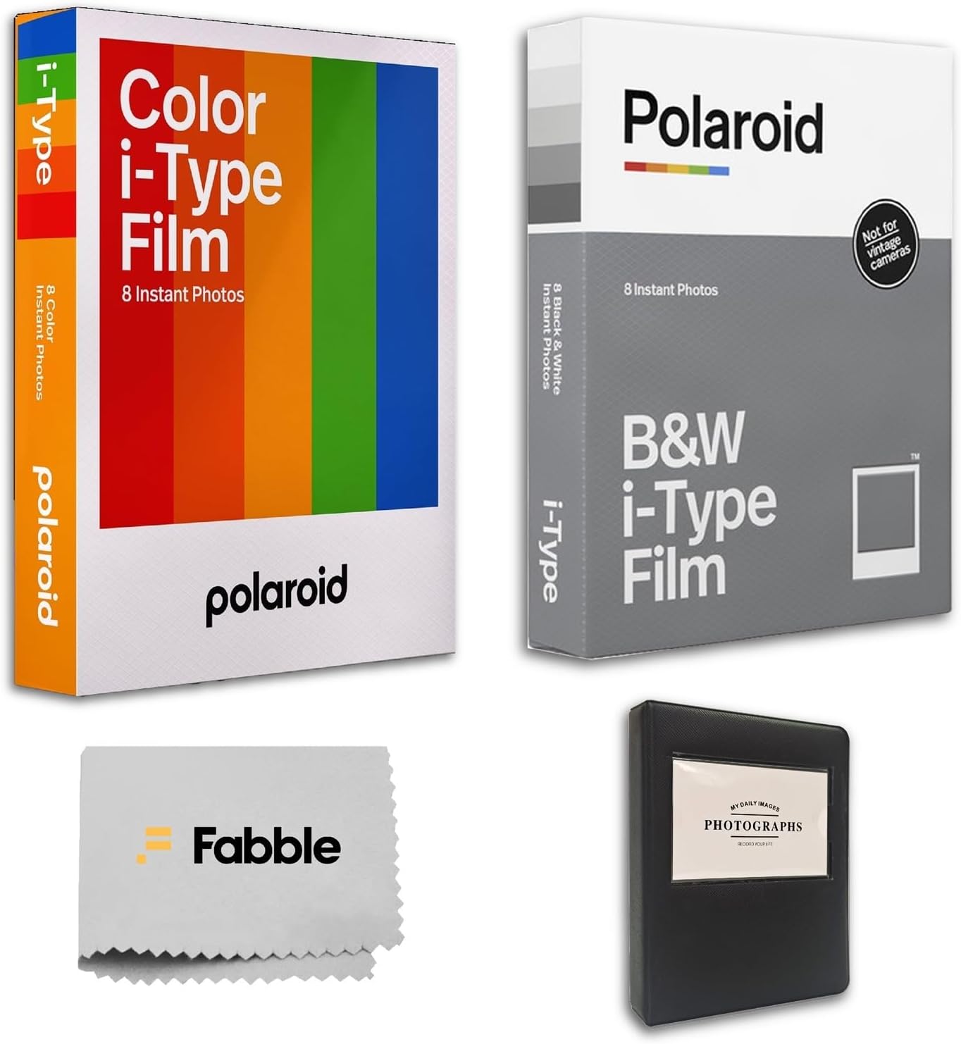 Polaroid Colored i-Type Instant Film (8 Exposures), Bundle with Black & White Film (8 Exposures), Photo Album for Polaroid i-Type and Fujifilm Wide Prints - Holds 28 Pictures - Black