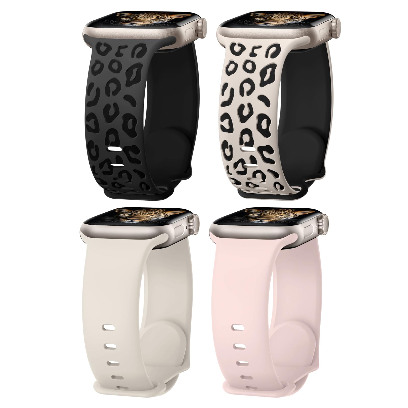 Knossen 4-Pack Sport Bands Compatible with Apple Watch Band 38mm 40mm 41mm 42mm 44mm 45mm 49mm Women Men, Leopard Engraved Silicone Sport Straps for iWatch Ultra 2 Series 9 8 7 6 5 4 3 2 1 SE
