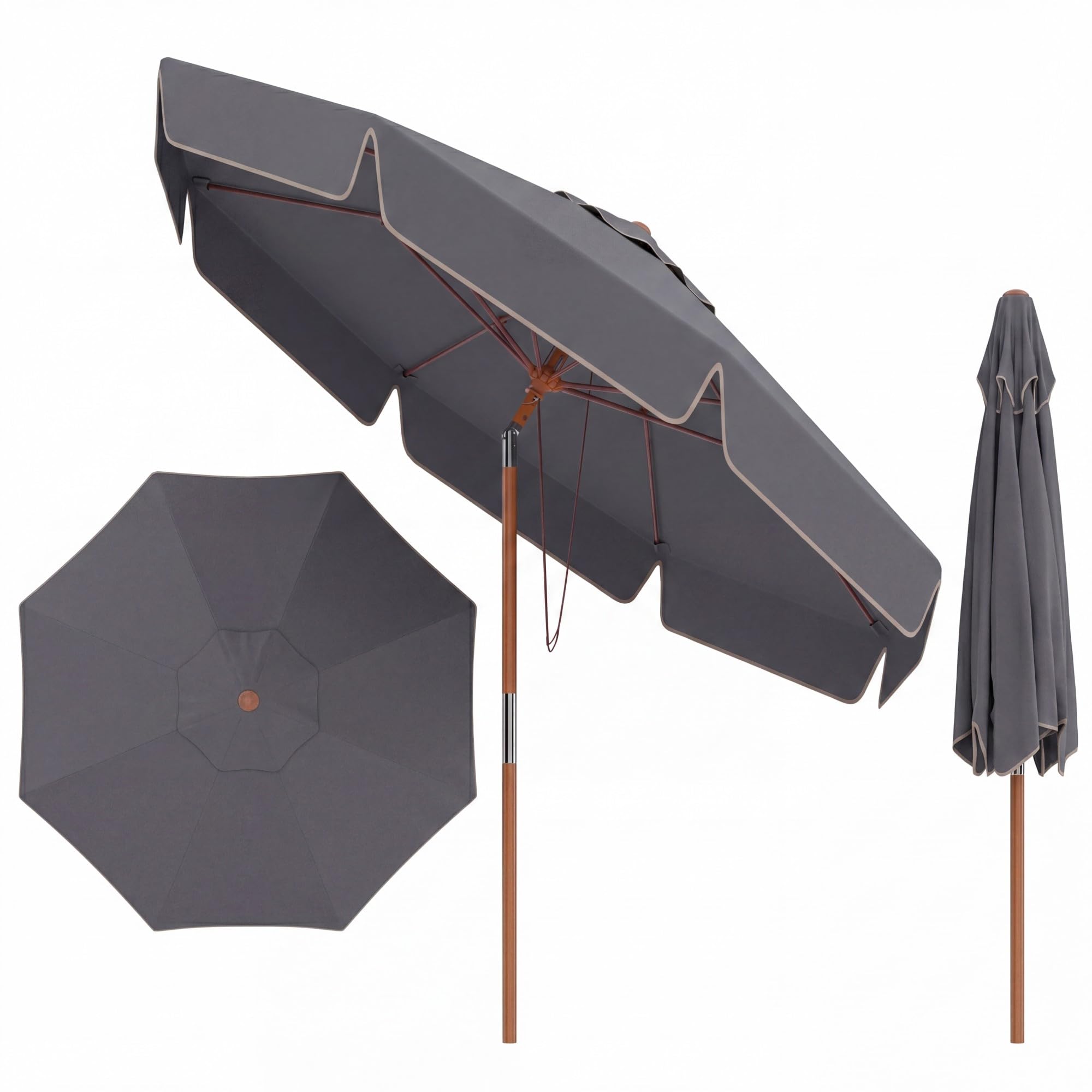 KOMFOTTEU Ø 3 m, parasol ogrodowy, drążek z drewna bukowego, parasol tarasowy, nachylenie 30°, 8 żeber z włókna szklanego, parasol tarasowy, wysokość 2,5 m, na piknik, do kawiarni, na balkon