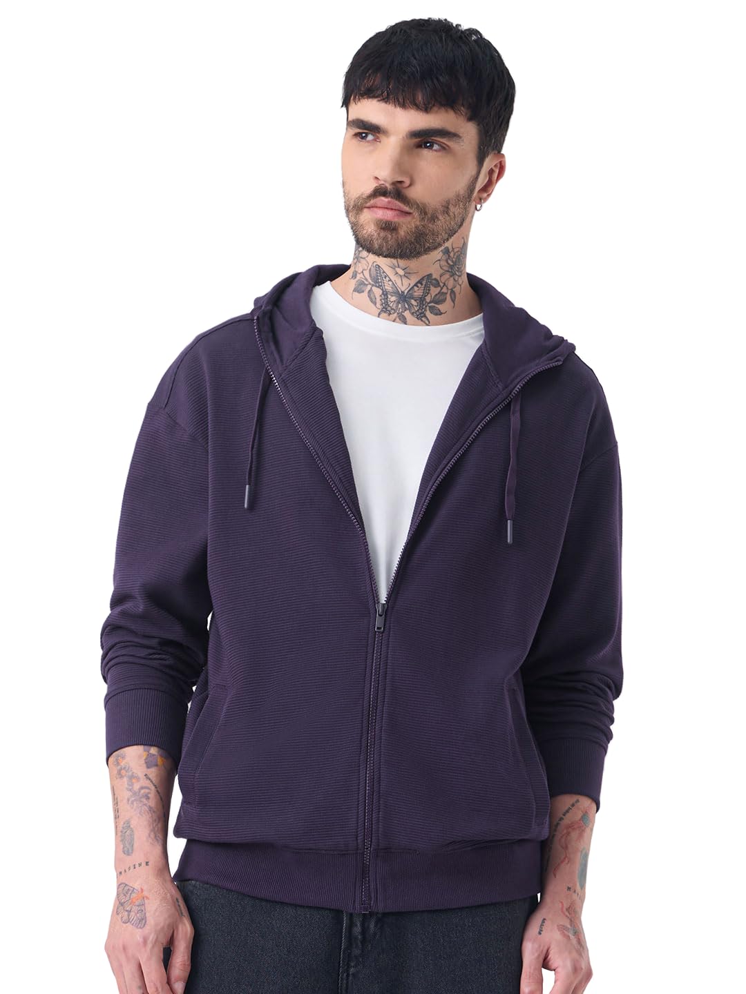 the souled store Solids: Berry Purple Men and Boys Full Sleeves Hooded Neck Solid Cotton Blend Oversized Fit Winter Casual Streetwear Everyday Zipper Hoodie-picture-34
